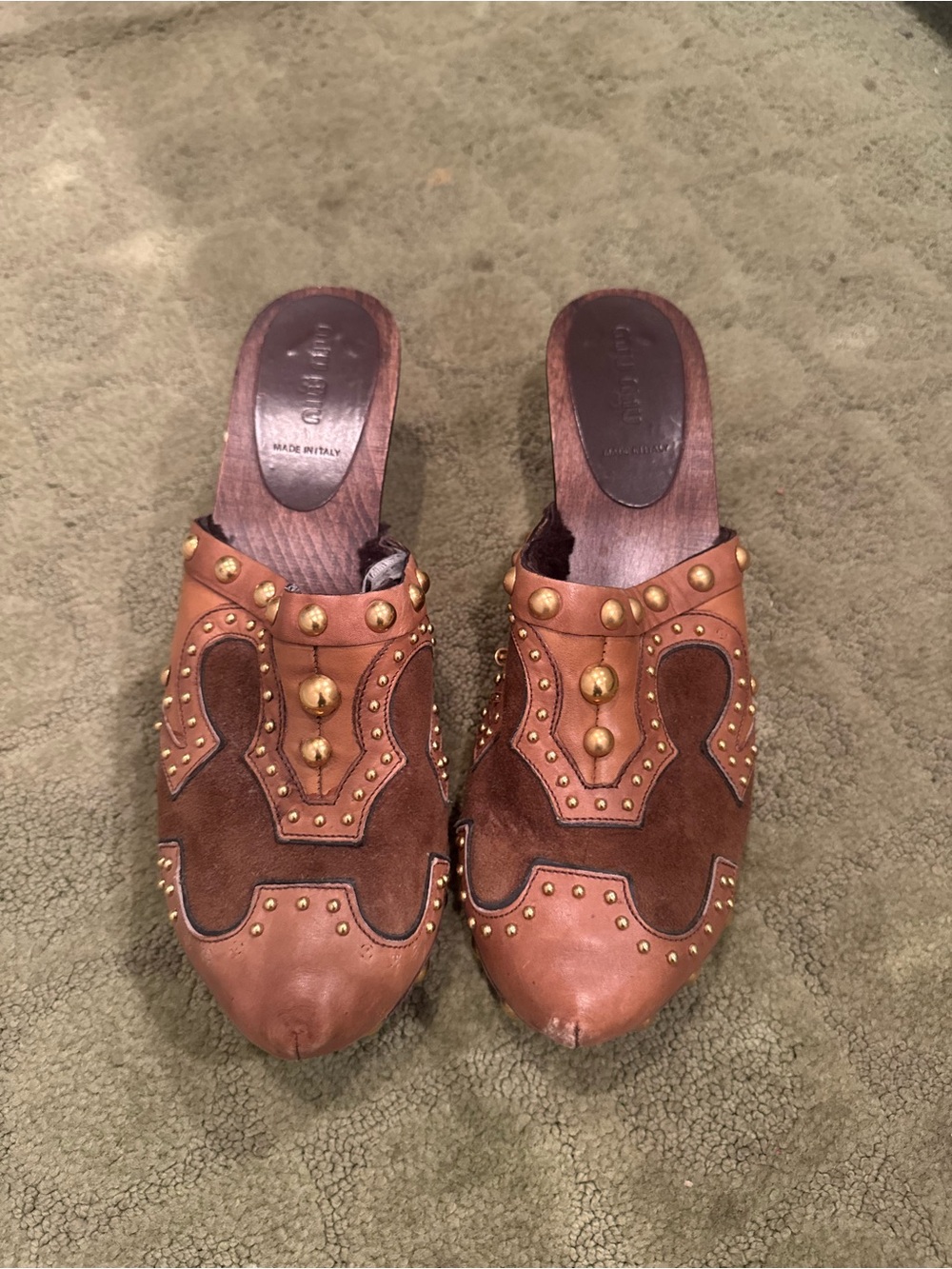 Miu Miu Brown Leather & Suede Studded Mule Clogs
